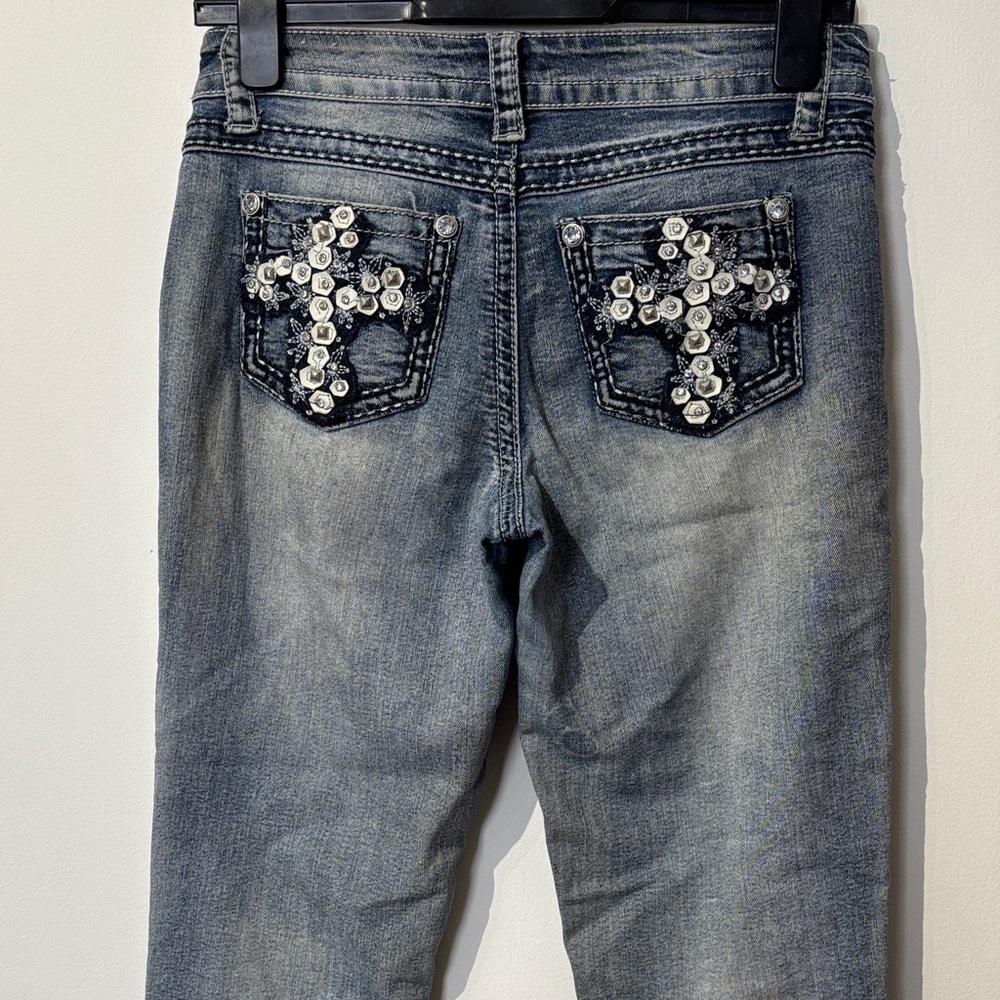 Suko Jeans Y2K Stylish Low Waist Blue Boot Cut Jeans with Cross Embellishments